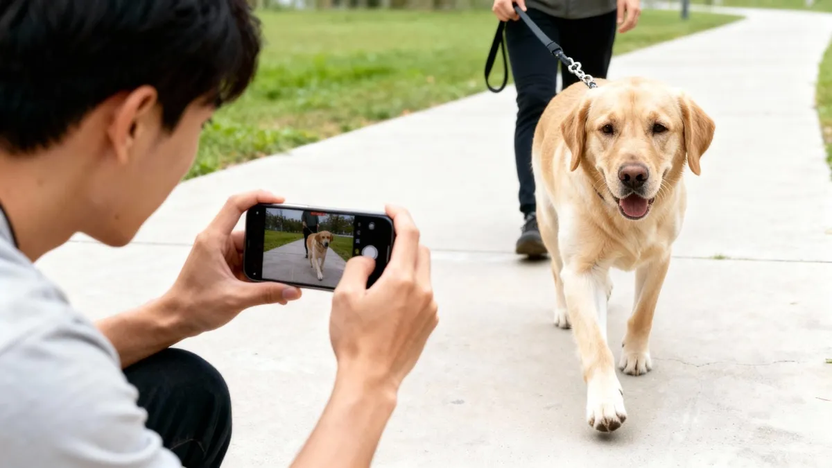 Person filming dog gait analysis video